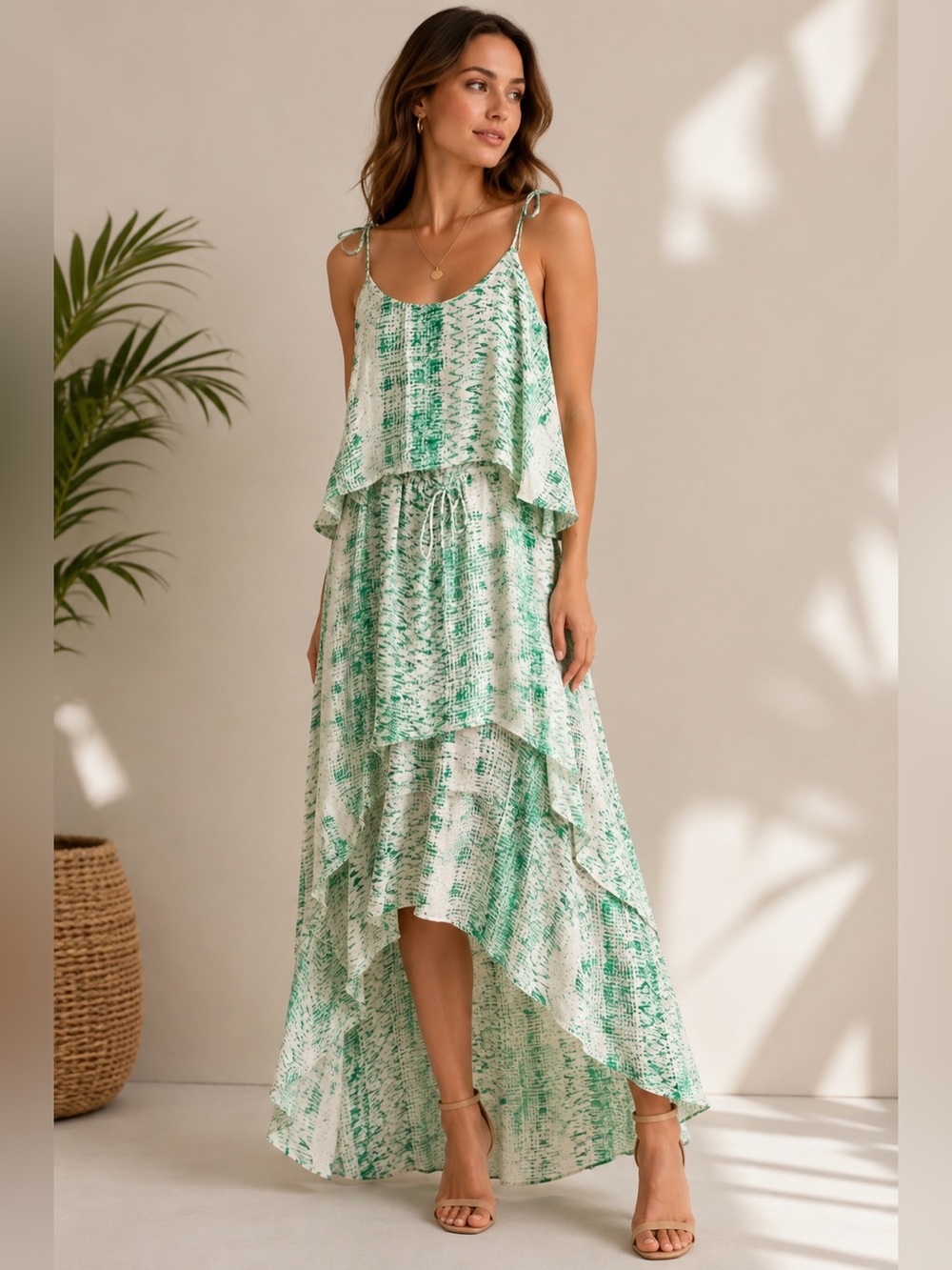 Parker Green & White Abstract Print Layered Maxi Dress XS